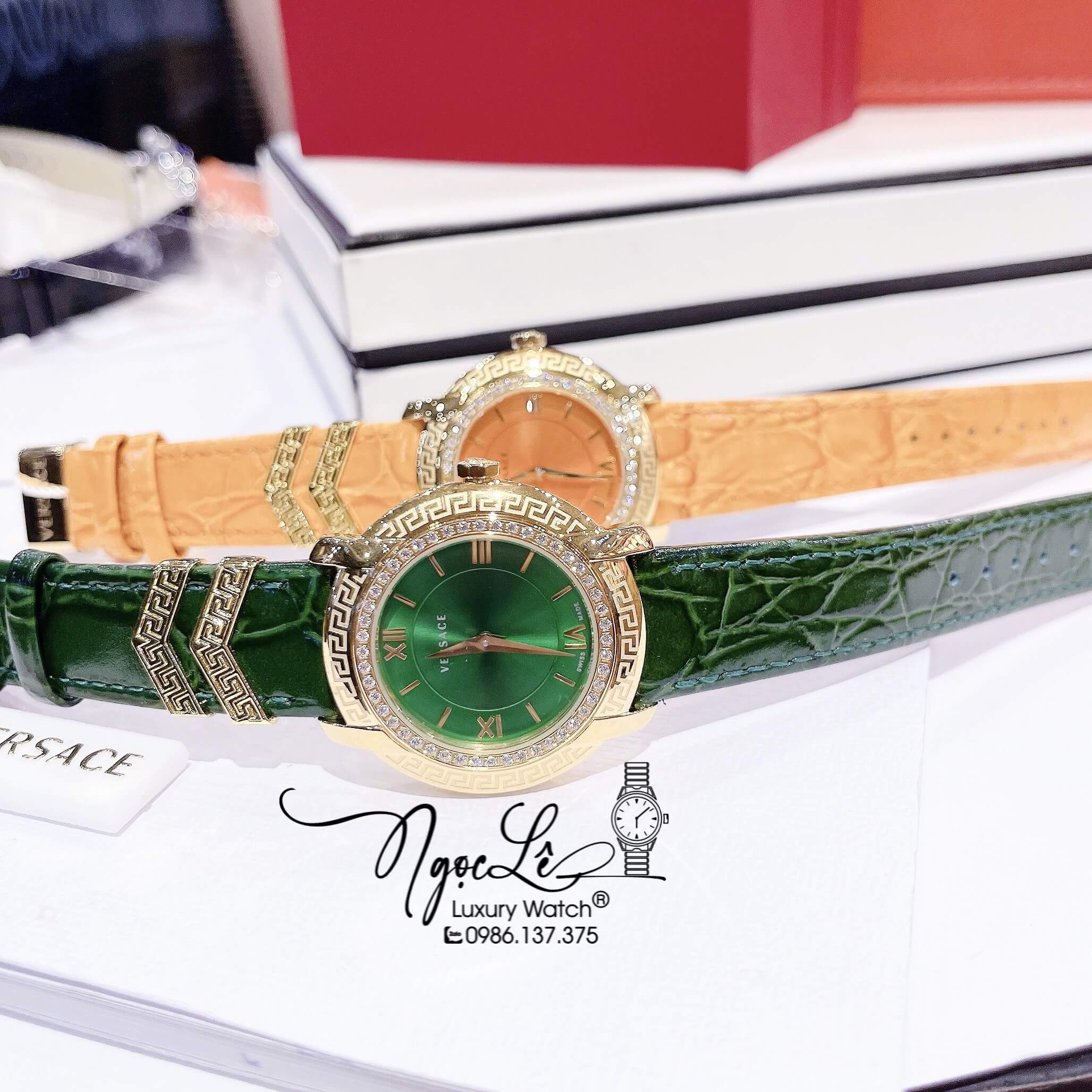Đồng Hồ Nữ Versace DV-25 Máy Thụy Sỹ Dây Da Màu Xanh Lá Size 36mm Đính Đá