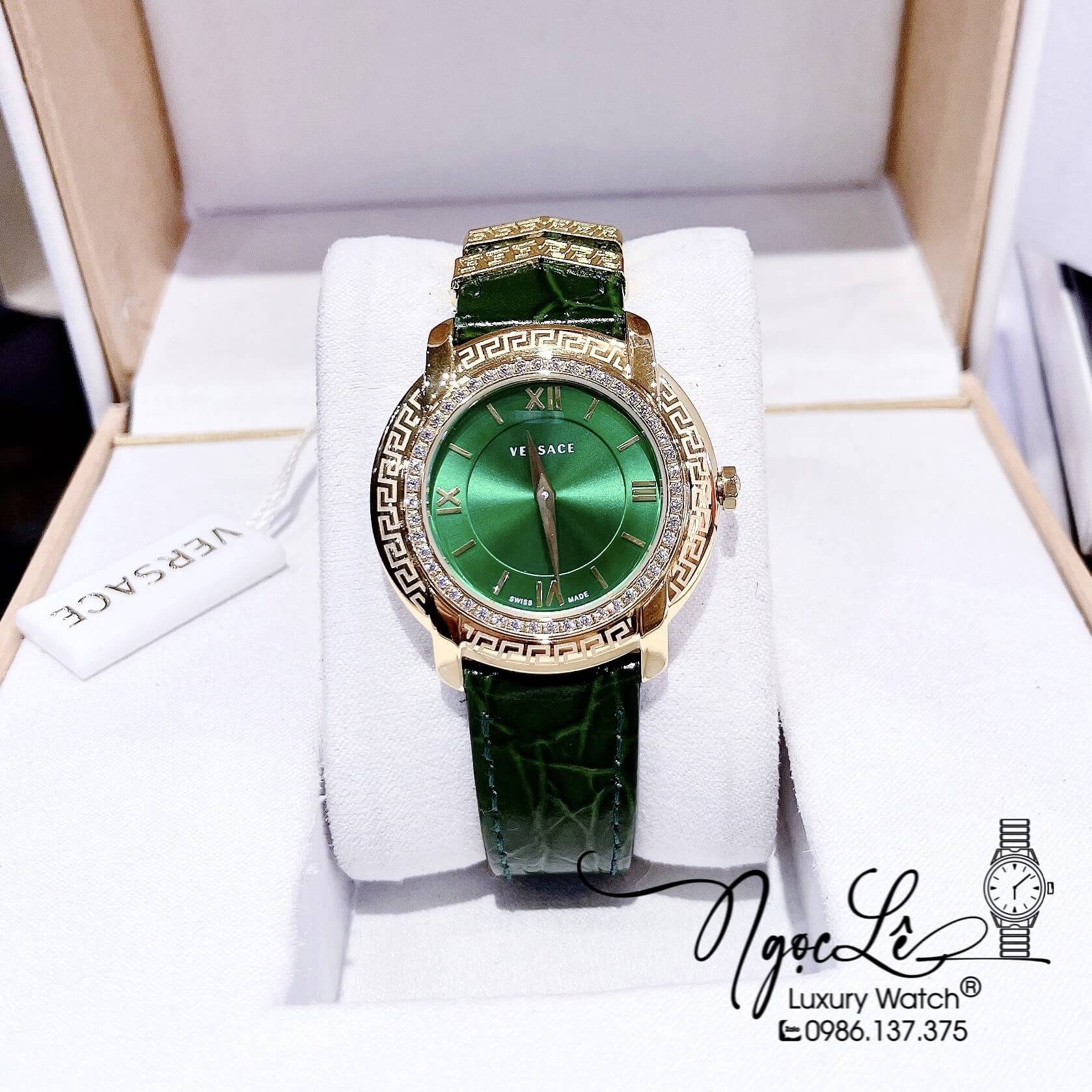 Đồng Hồ Nữ Versace DV-25 Máy Thụy Sỹ Dây Da Màu Xanh Lá Size 36mm Đính Đá