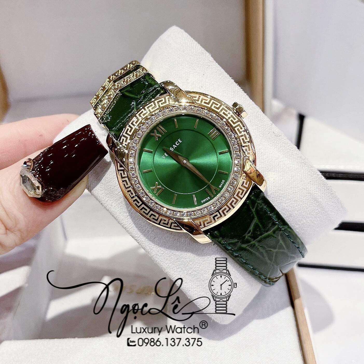 Đồng Hồ Nữ Versace DV-25 Máy Thụy Sỹ Dây Da Màu Xanh Lá Size 36mm Đính Đá