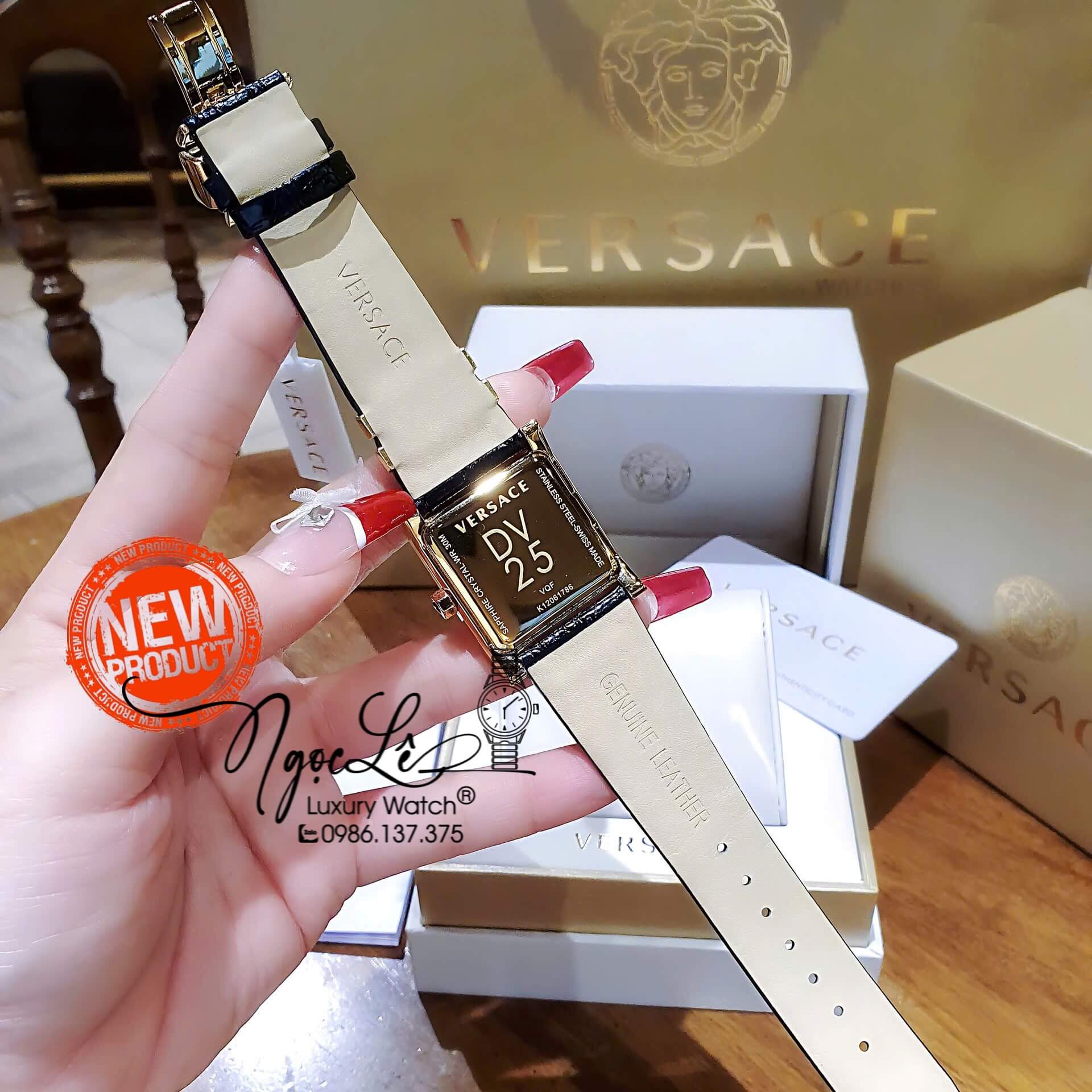 Đồng Hồ Nữ Versace DV-25 Mặt Vuông Máy Thụy Sỹ Dây Da Đen Mặt Trắng Size 36mm Đính Đá