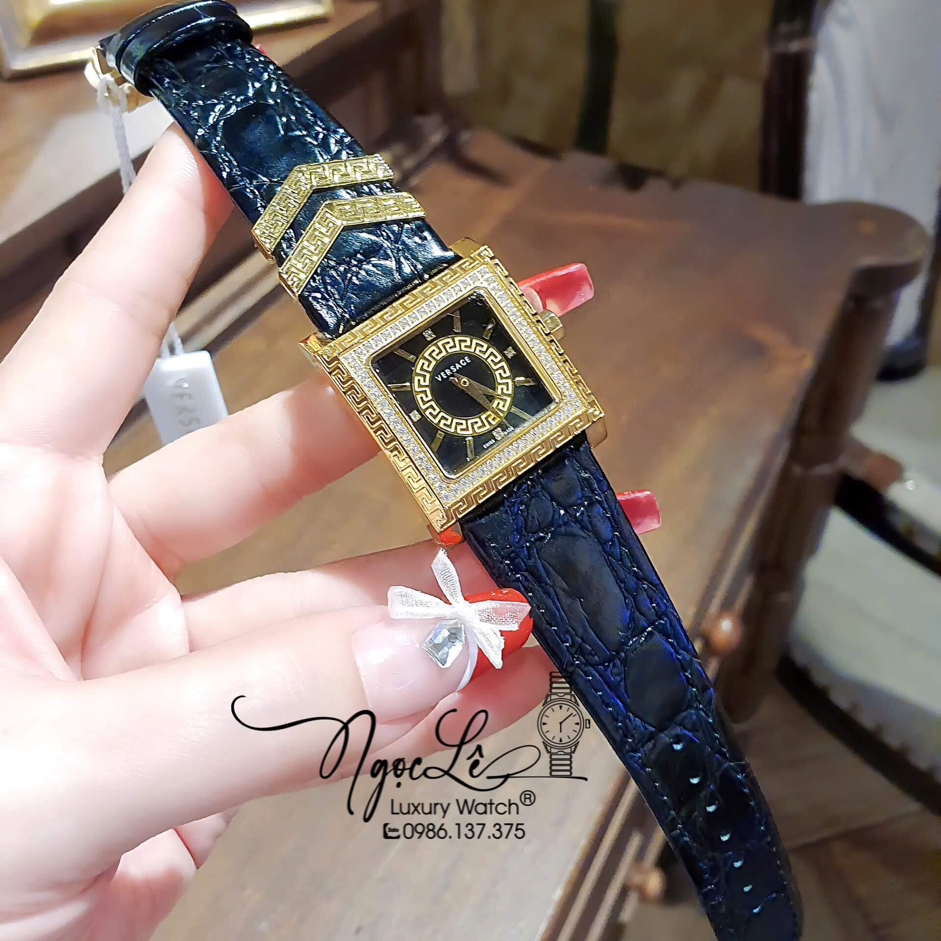 Đồng Hồ Nữ Versace DV-25 Mặt Vuông Máy Thụy Sỹ Dây Da Đen Mặt Đen Size 36mm Đính Đá