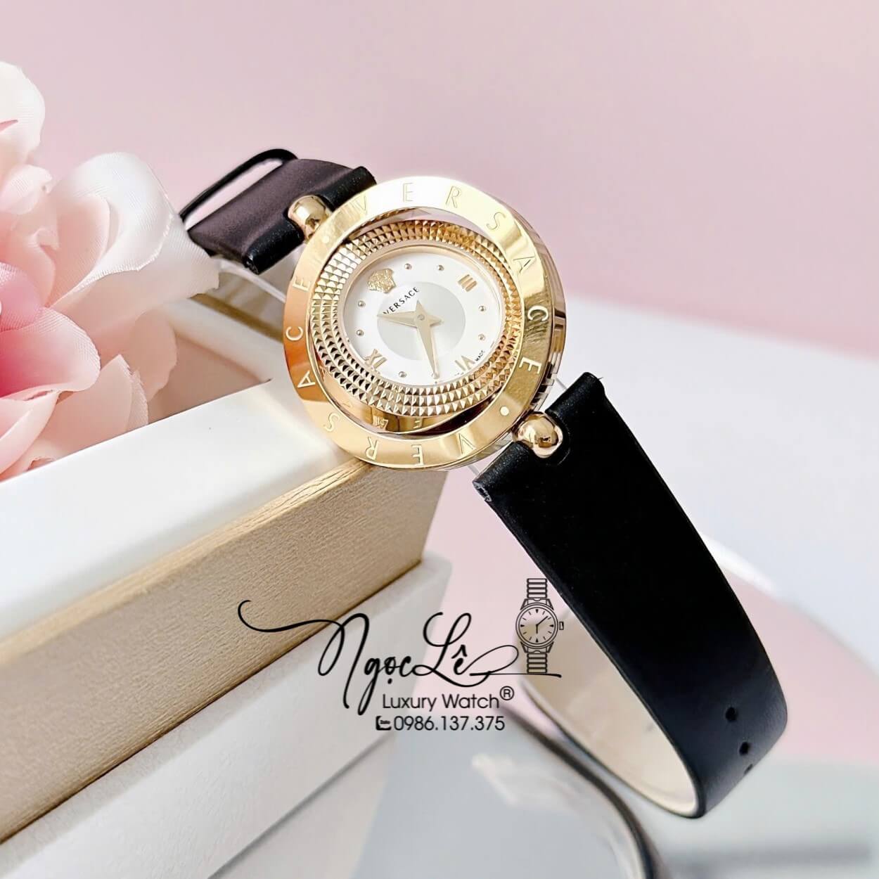 Đồng Hồ Nữ Versace Eon Dây Da Đen Vỏ Vàng Mặt Xoay 360 Độ Size 34mm