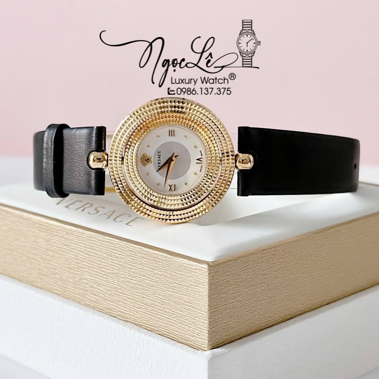 Đồng Hồ Nữ Versace Eon Dây Da Đen Vỏ Vàng Mặt Xoay 360 Độ Size 34mm