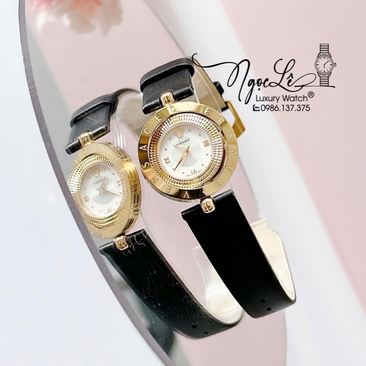 Đồng Hồ Nữ Versace Eon Dây Da Đen Vỏ Vàng Mặt Xoay 360 Độ Size 34mm