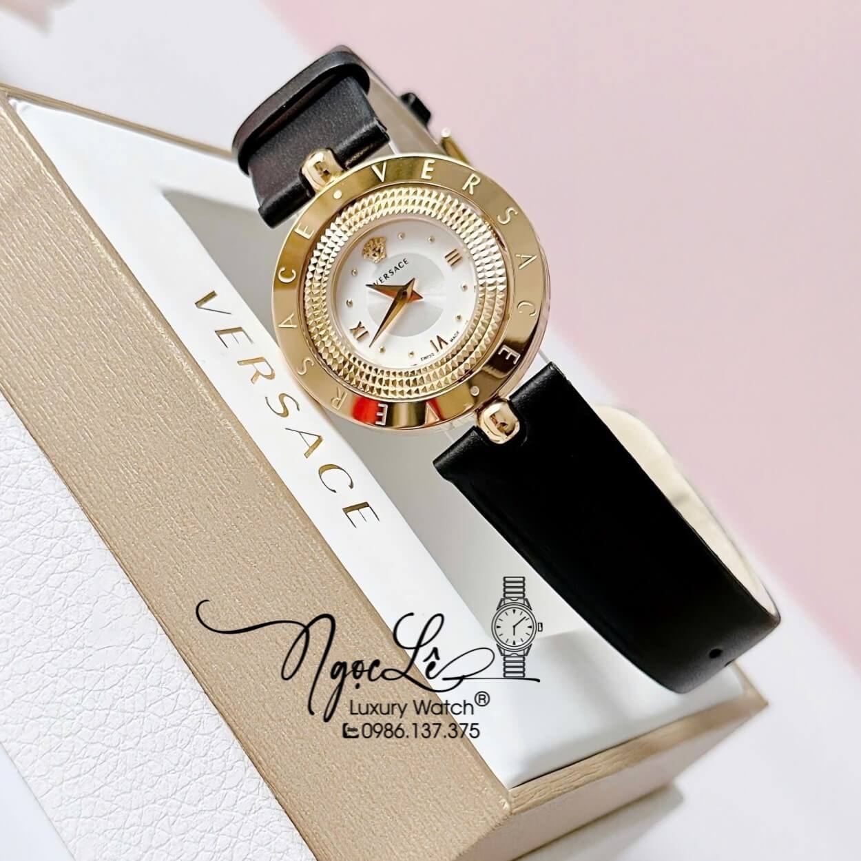 Đồng Hồ Nữ Versace Eon Dây Da Đen Vỏ Vàng Mặt Xoay 360 Độ Size 34mm