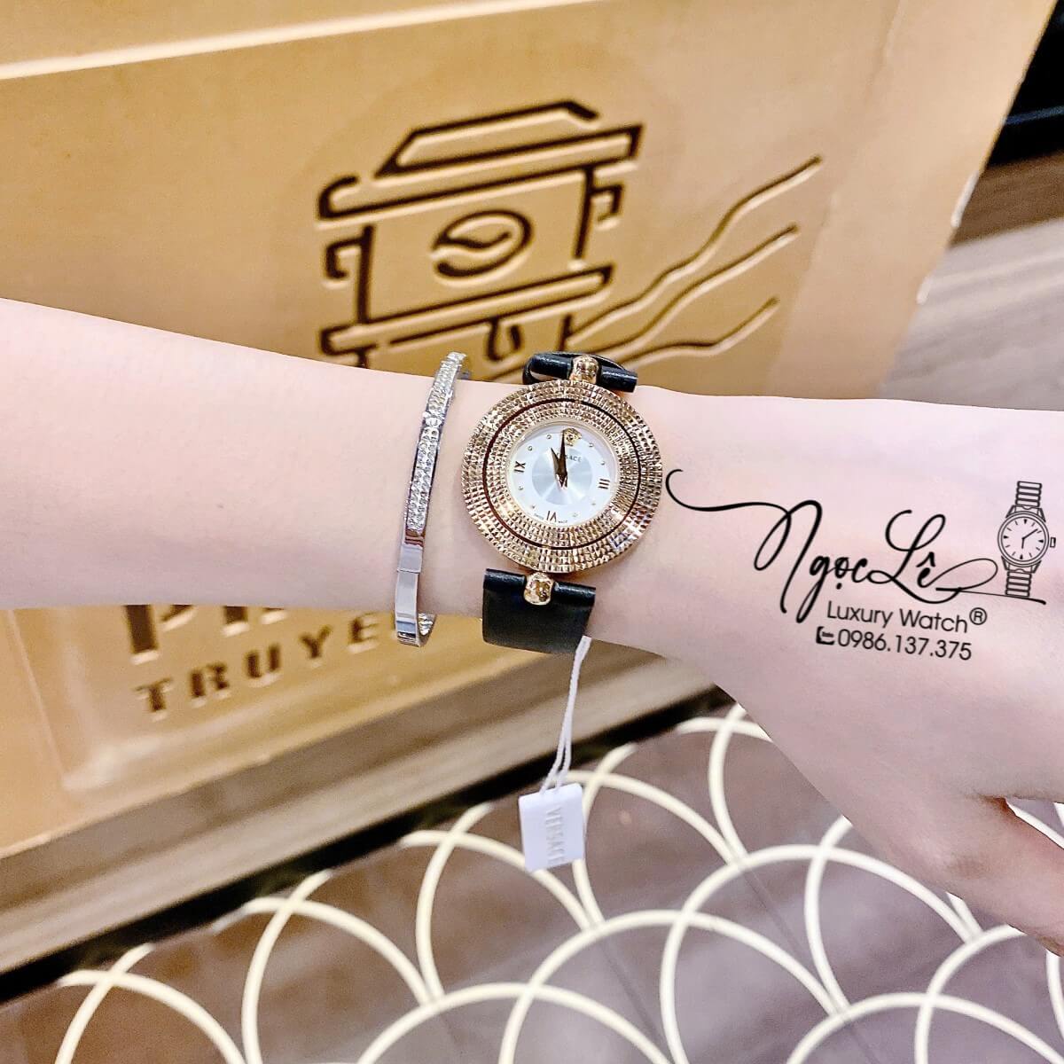 Đồng Hồ Nữ Versace Eon Dây Da Đen Vỏ Vàng Mặt Xoay 360 Độ Size 34mm