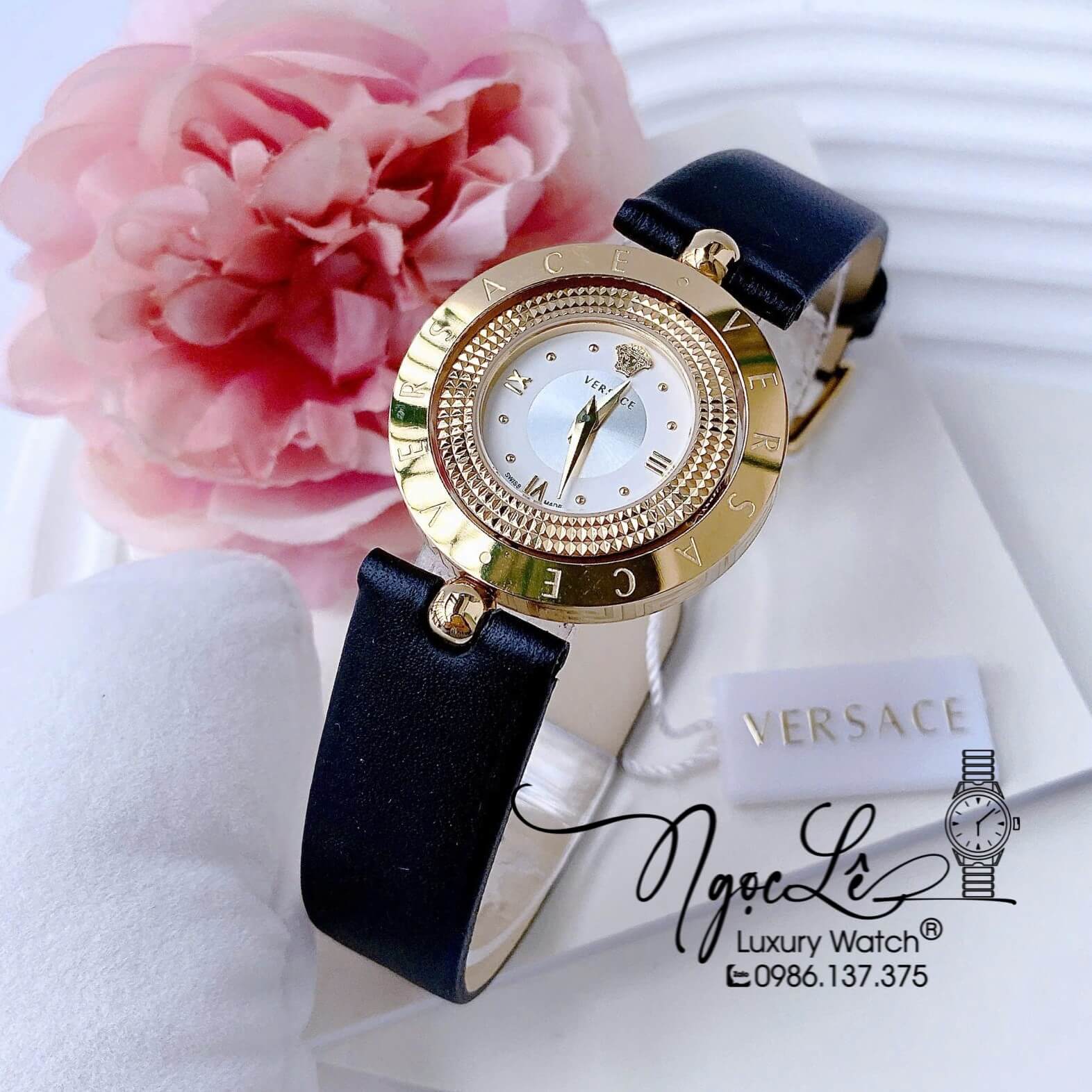 Đồng Hồ Nữ Versace Eon Dây Da Đen Vỏ Vàng Mặt Xoay 360 Độ Size 34mm