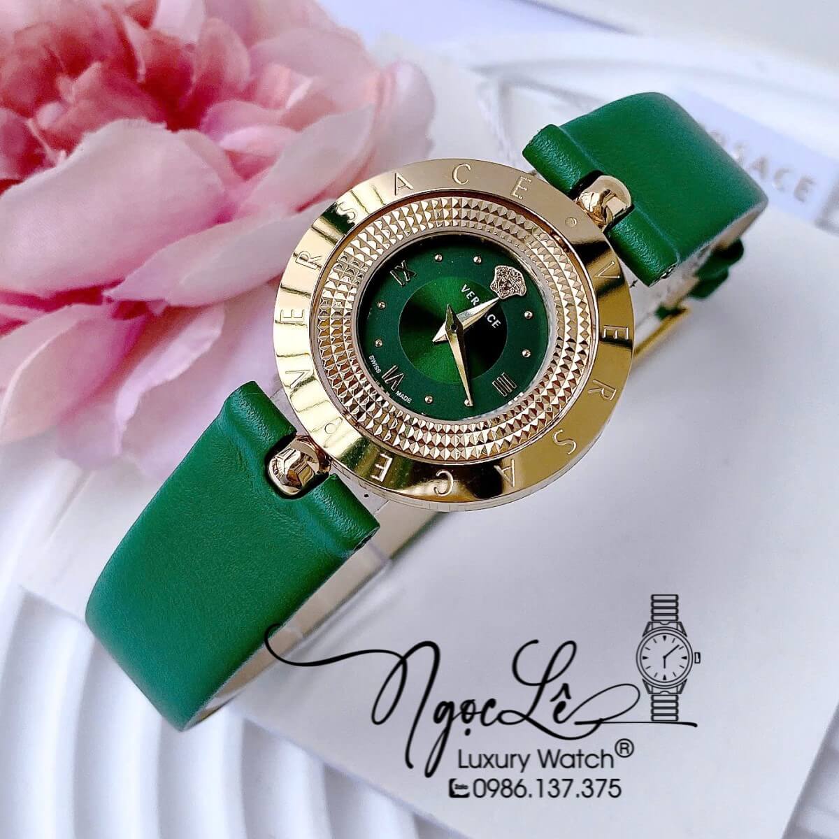 Đồng Hồ Nữ Versace Eon Dây Da Xanh Lá Vỏ Vàng Mặt Xoay 360 Độ Size 34mm
