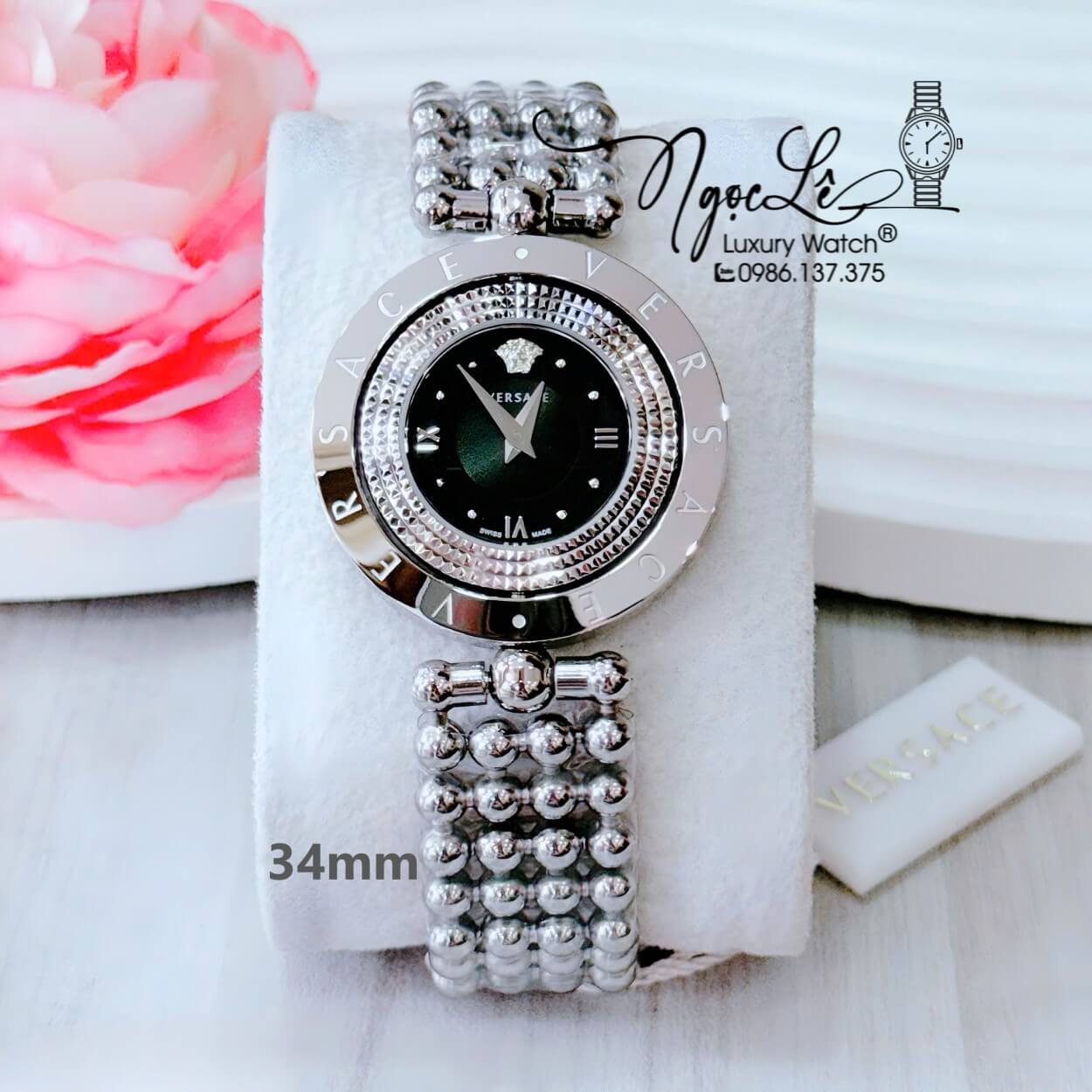 Đồng Hồ Nữ Versace Eon Mặt Xoay 360 Độ Dây Bi Màu Bạc Mặt Đen Size 34mm