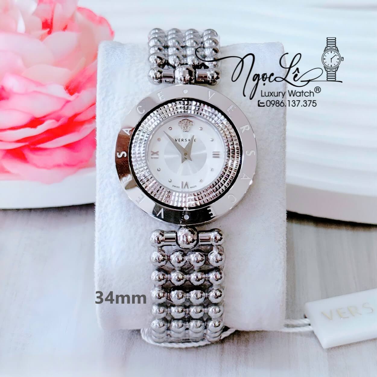 Đồng Hồ Nữ Versace Eon Mặt Xoay 360 Độ Dây Bi Màu Bạc Mặt Trắng Size 34mm