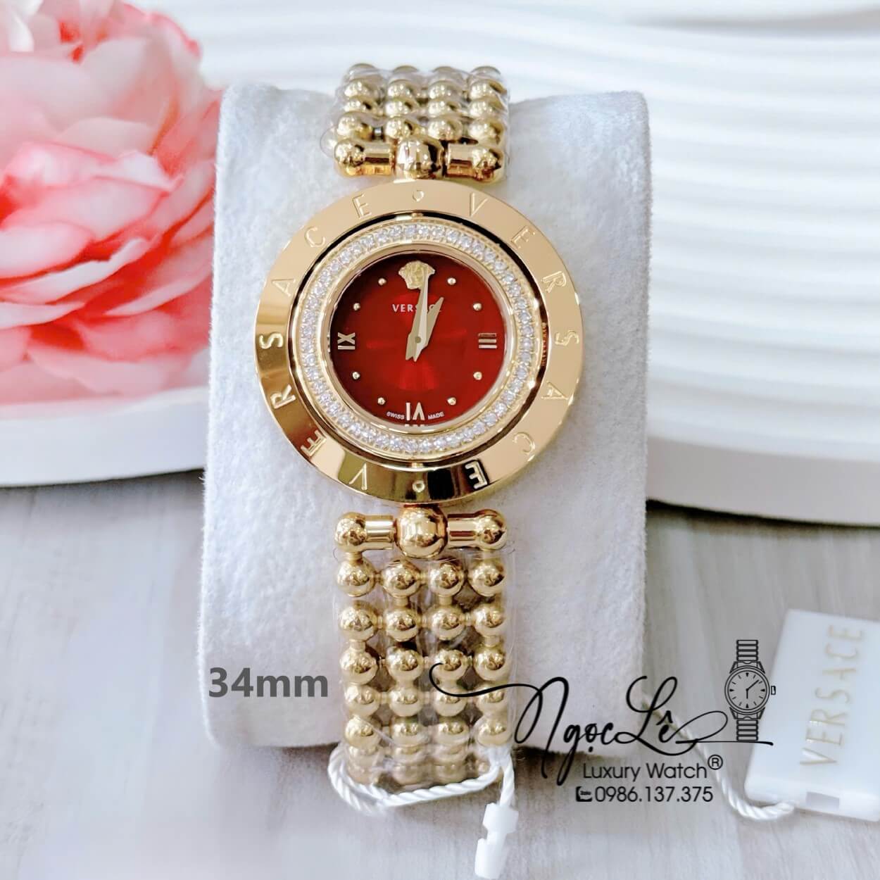 Đồng Hồ Nữ Versace Eon Mặt Xoay 360 Độ Dây Kim Loại Bi Vàng Gold Mặt Đỏ Size 34mm Viền Đính Đá