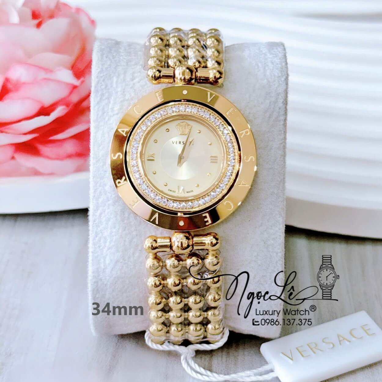 Đồng Hồ Nữ Versace Eon Mặt Xoay 360 Độ Dây Kim Loại Bi Vàng Gold Mặt Vàng Size 34mm Viền Đính Đá