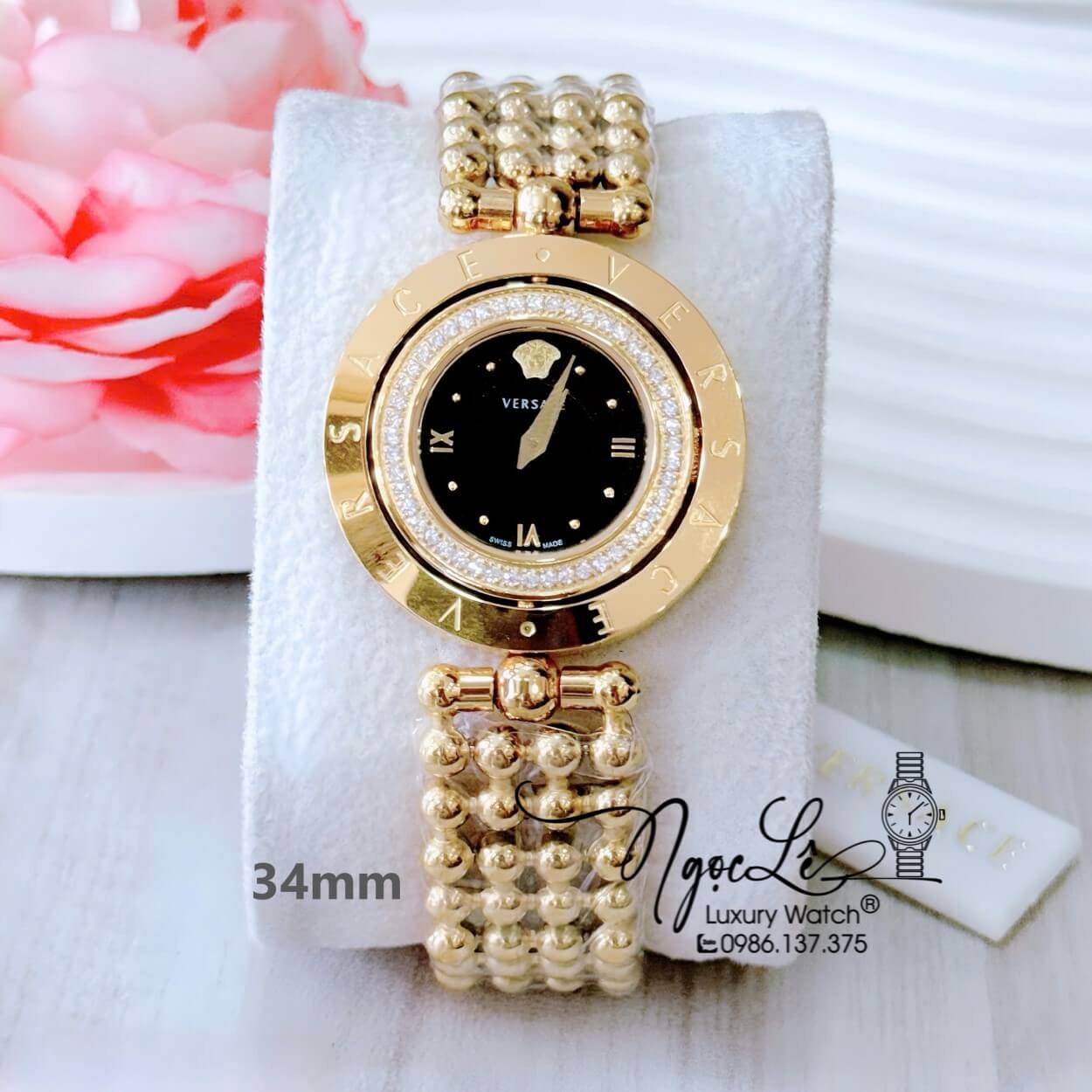 Đồng Hồ Nữ Versace Eon Mặt Xoay 360 Độ Dây Kim Loại Bi Vàng Gold Mặt Đen Size 34mm Viền Đính Đá