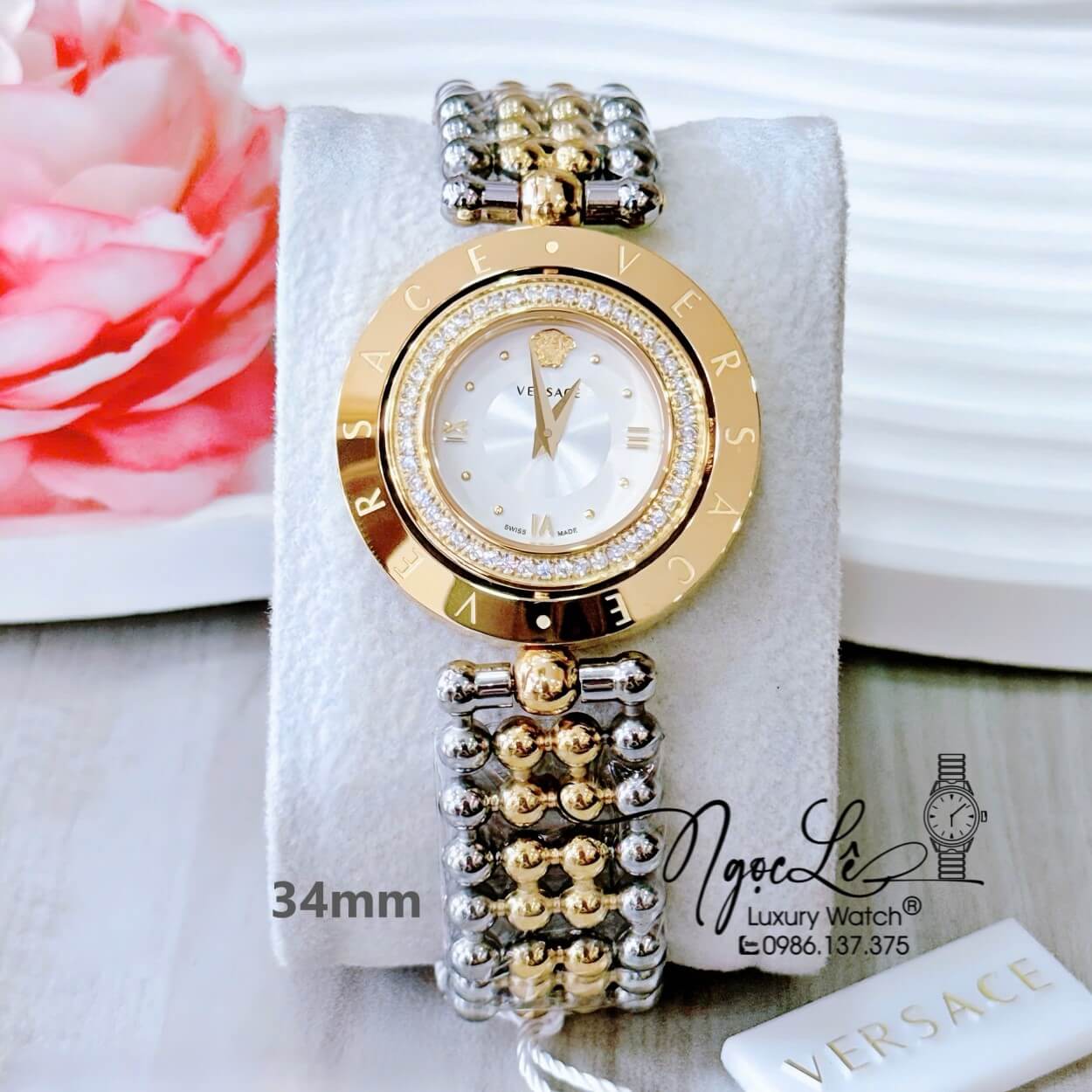 Đồng Hồ Nữ Versace Eon Mặt Xoay 360 Độ Dây Kim Loại Bi Demi Vàng Gold Mặt Trắng Size 34mm Viền Đính Đá