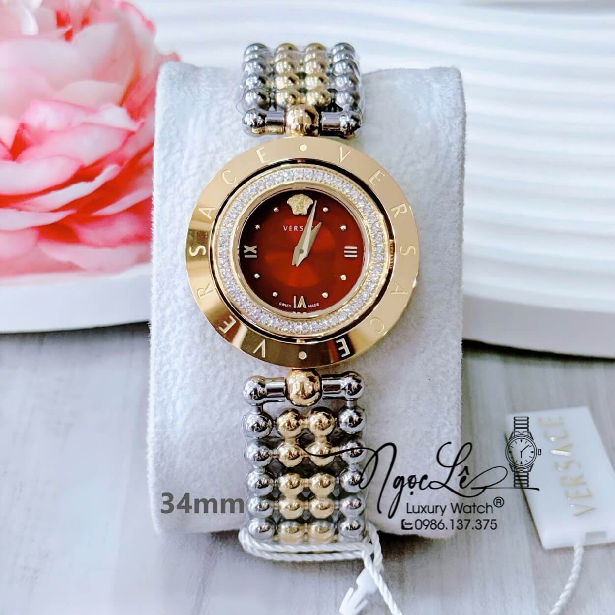 Đồng Hồ Nữ Versace Eon Mặt Xoay 360 Độ Dây Kim Loại Bi Demi Vàng Gold Mặt Đỏ Size 34mm Viền Đính Đá