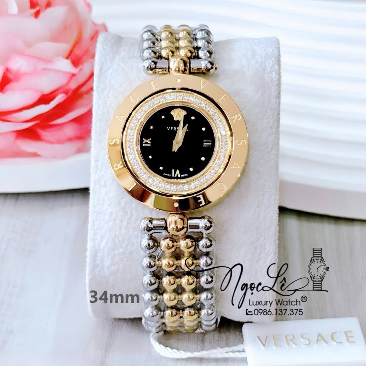 Đồng Hồ Nữ Versace Eon Mặt Xoay 360 Độ Dây Kim Loại Bi Demi Vàng Gold Mặt Đen Size 34mm Viền Đính Đá