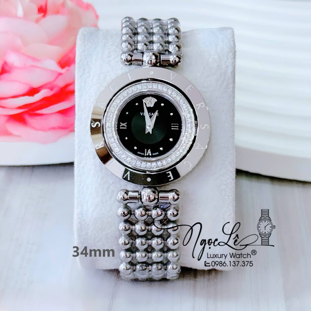 Đồng Hồ Nữ Versace Eon Mặt Xoay 360 Độ Dây Kim Loại Bi Silver Mặt Đen Size 34mm Viền Đính Đá