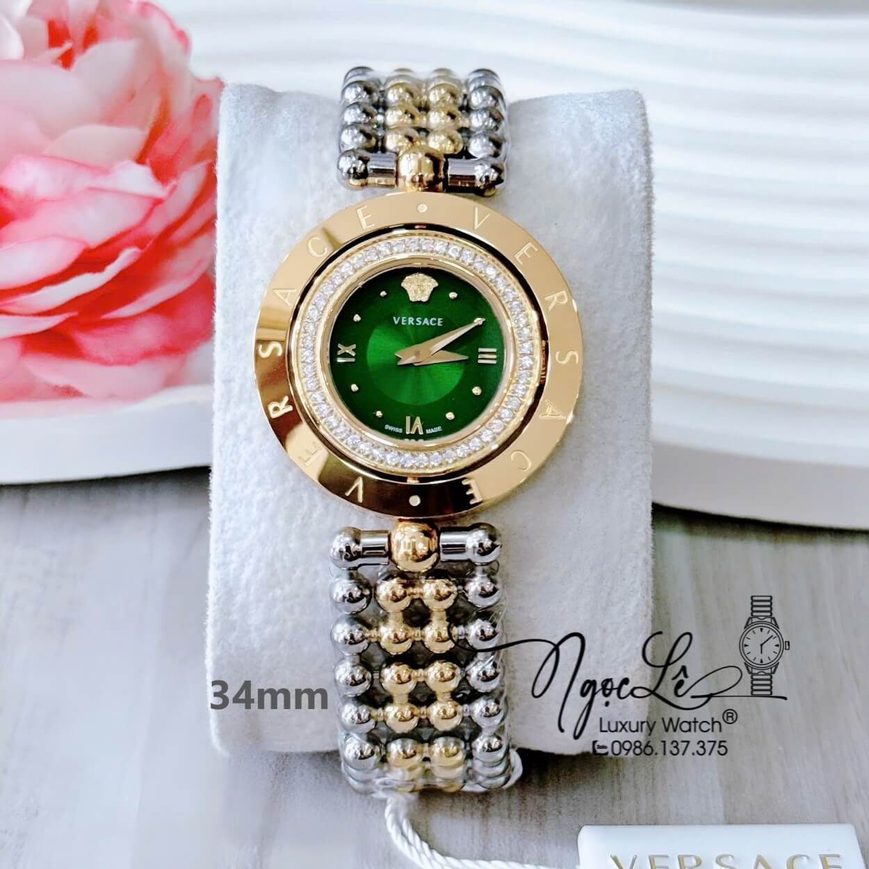 Đồng Hồ Nữ Versace Eon Mặt Xoay 360 Độ Dây Kim Loại Bi Demi Vàng Gold Mặt Xanh Lá Size 34mm Viền Đính Đá