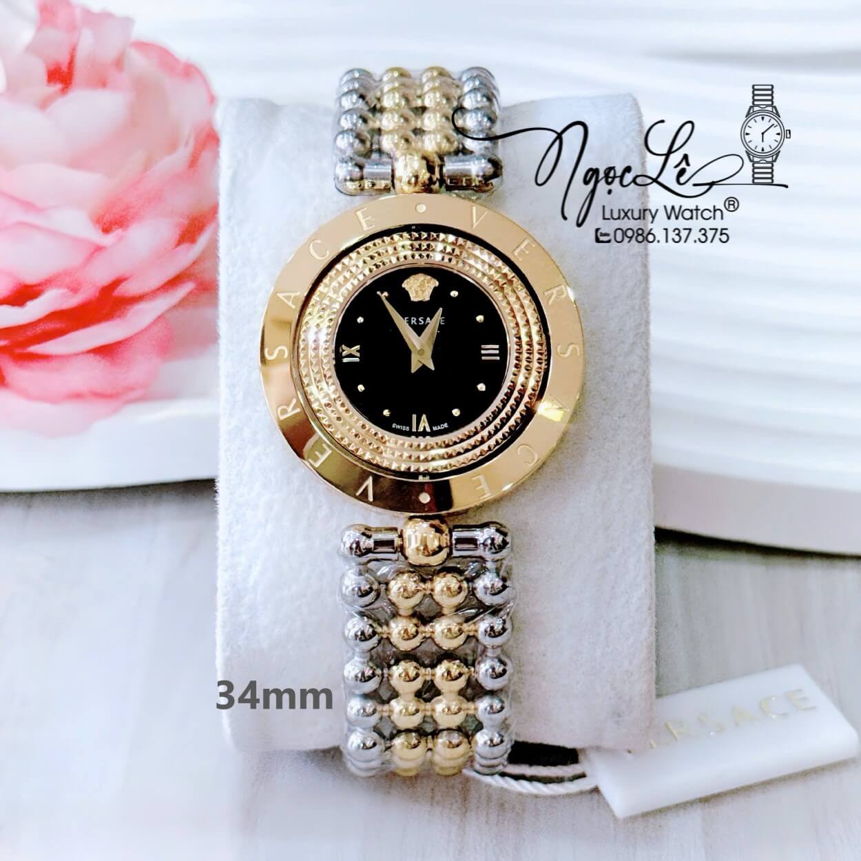 Đồng Hồ Nữ Versace Eon Mặt Xoay 360 Độ Dây Kim Loại Bi Demi Vàng Mặt Đen Size 34mm