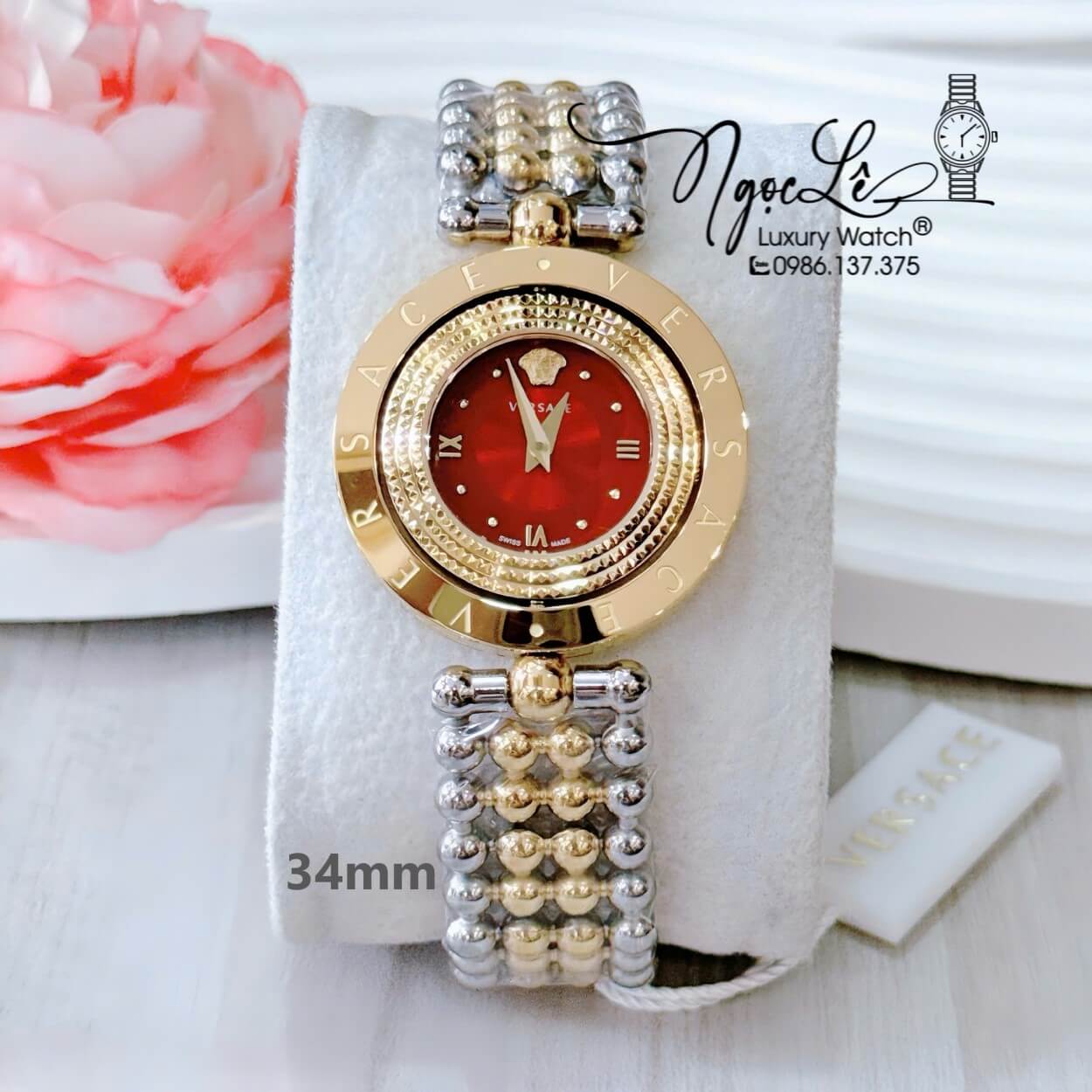 Đồng Hồ Nữ Versace Eon Mặt Xoay 360 Độ Dây Kim Loại Bi Demi Vàng Mặt Đỏ Size 34mm