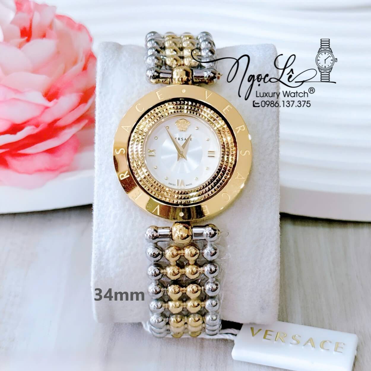 Đồng Hồ Nữ Versace Eon Mặt Xoay 360 Độ Dây Kim Loại Bi Demi Vàng Mặt Trắng Size 34mm