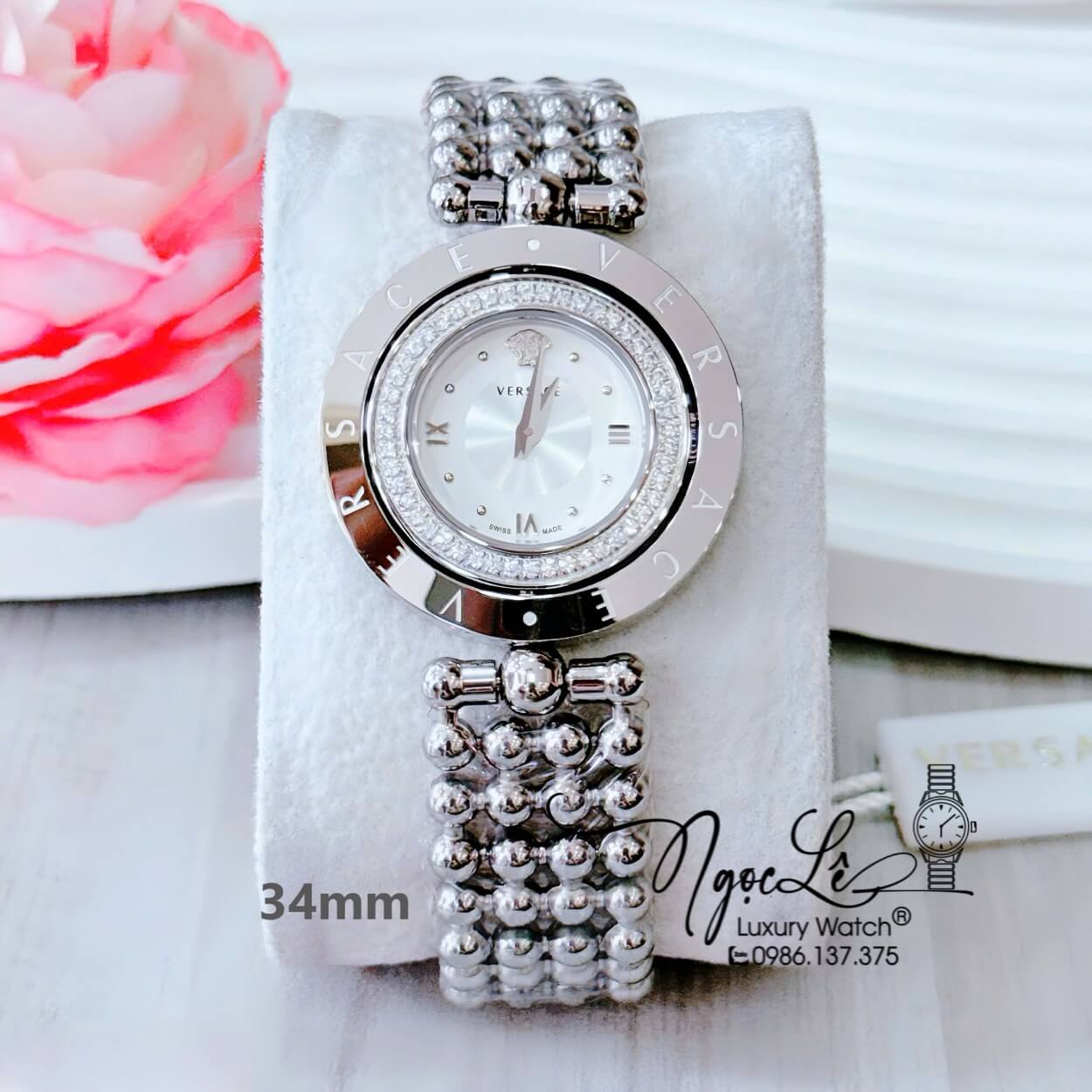 Đồng Hồ Nữ Versace Eon Mặt Xoay 360 Độ Dây Kim Loại Bi Silver Mặt Trắng Size 34mm Viền Đính Đá