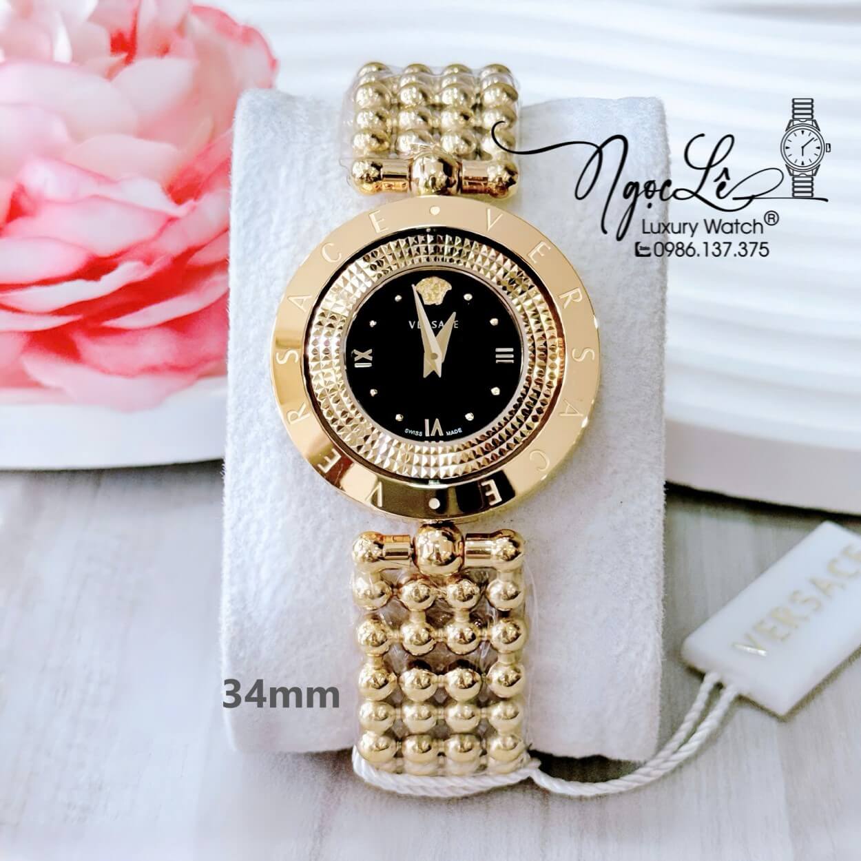 Đồng Hồ Nữ Versace Eon Mặt Xoay 360 Độ Dây Kim Loại Bi Vàng Mặt Đen Size 34mm