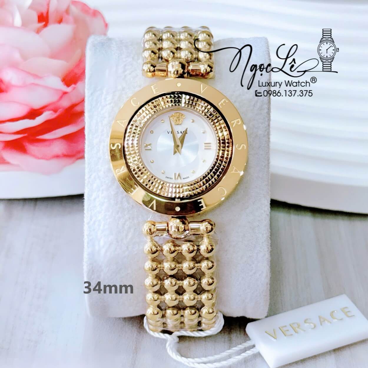 Đồng Hồ Nữ Versace Eon Mặt Xoay 360 Độ Dây Kim Loại Bi Vàng Mặt Trắng Size 34mm