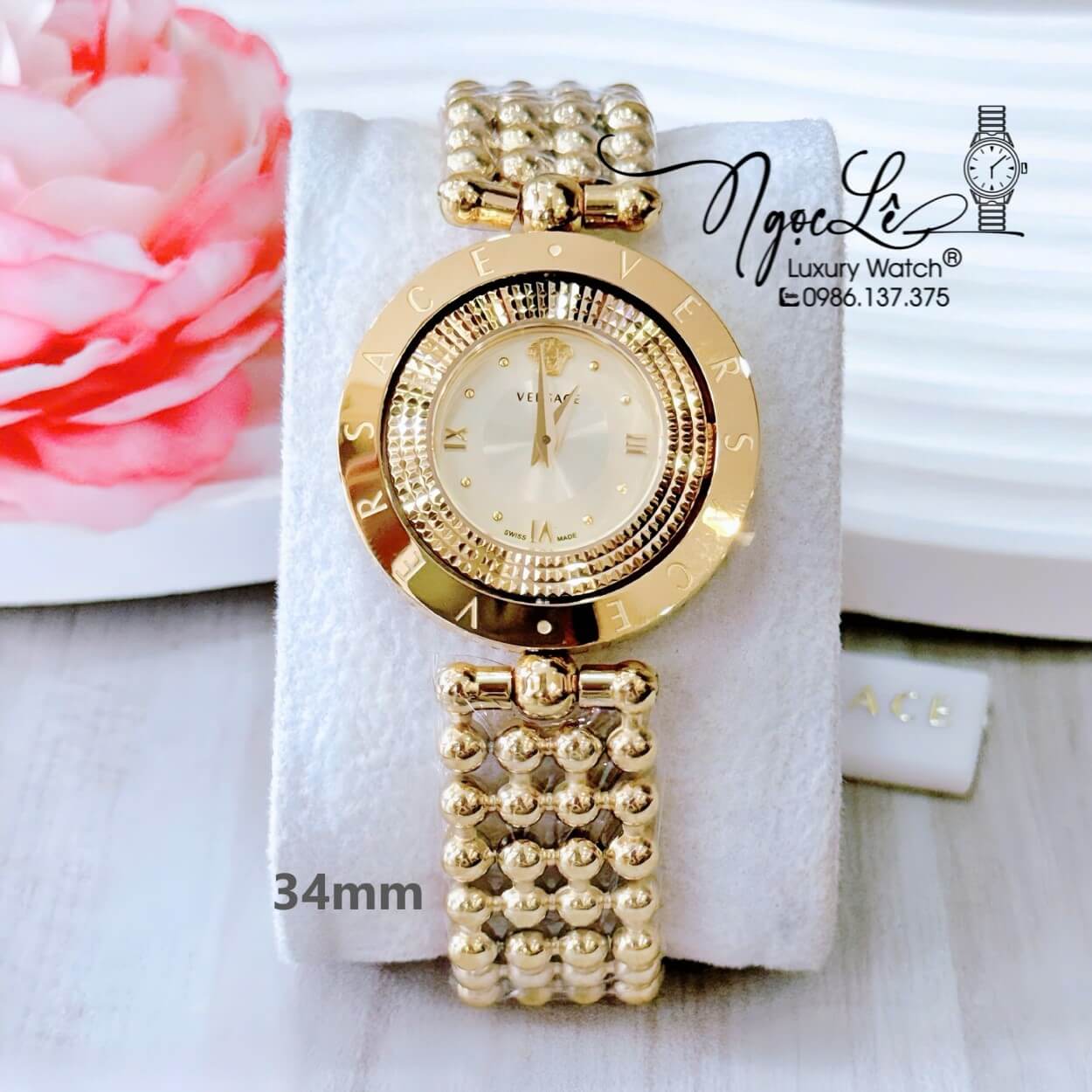 Đồng Hồ Nữ Versace Eon Mặt Xoay 360 Độ Dây Kim Loại Bi Vàng Mặt Vàng Size 34mm