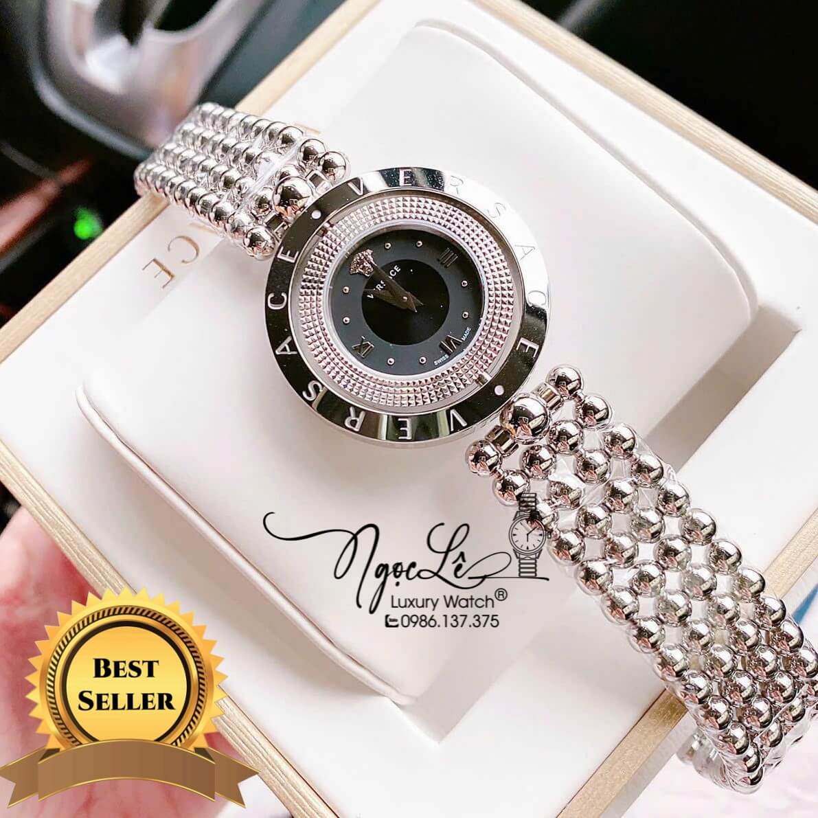 Đồng Hồ Nữ Versace Eon Mother Dây Bi Bạc Mặt Đen Xoay 360 Độ 34mm Niềng Trơn