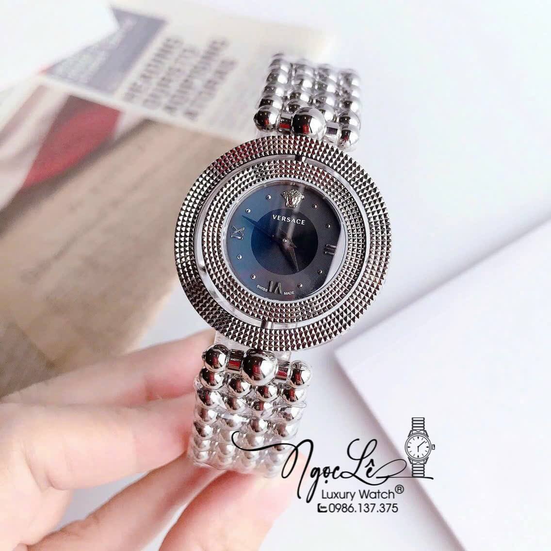 Đồng Hồ Nữ Versace Eon Mother Dây Bi Bạc Mặt Đen Xoay 360 Độ 34mm Niềng Trơn