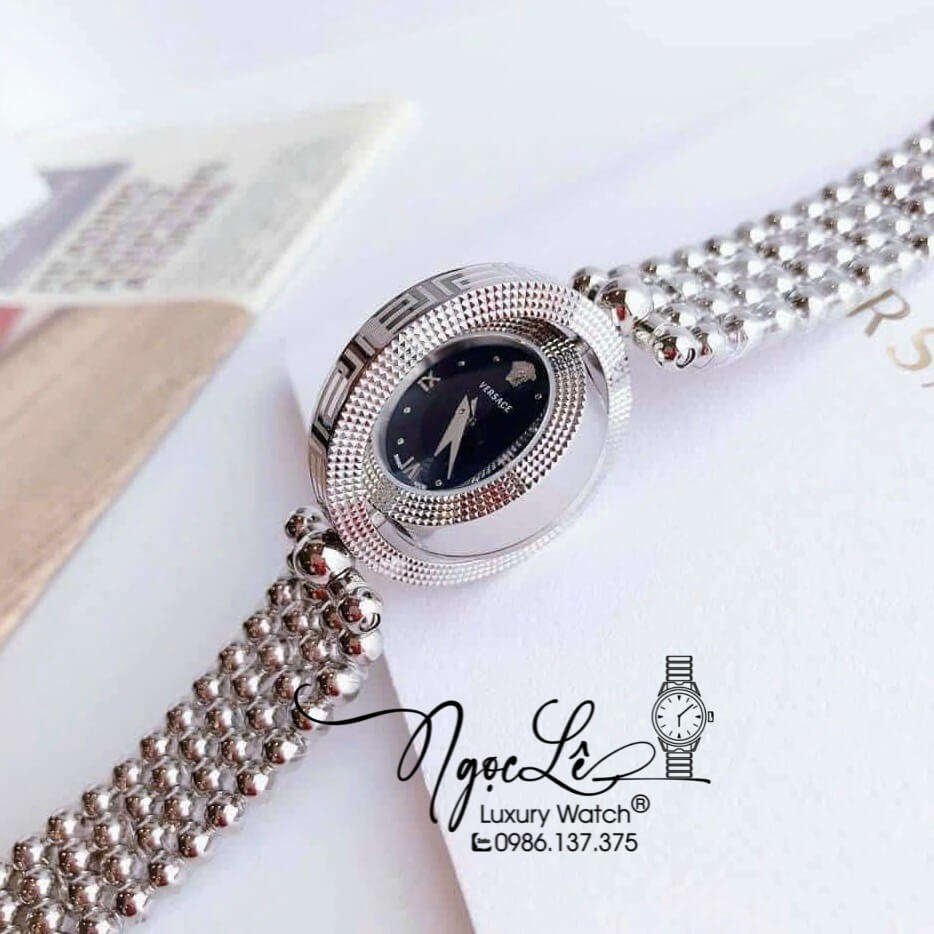 Đồng Hồ Nữ Versace Eon Mother Dây Bi Bạc Mặt Đen Xoay 360 Độ 34mm Niềng Trơn