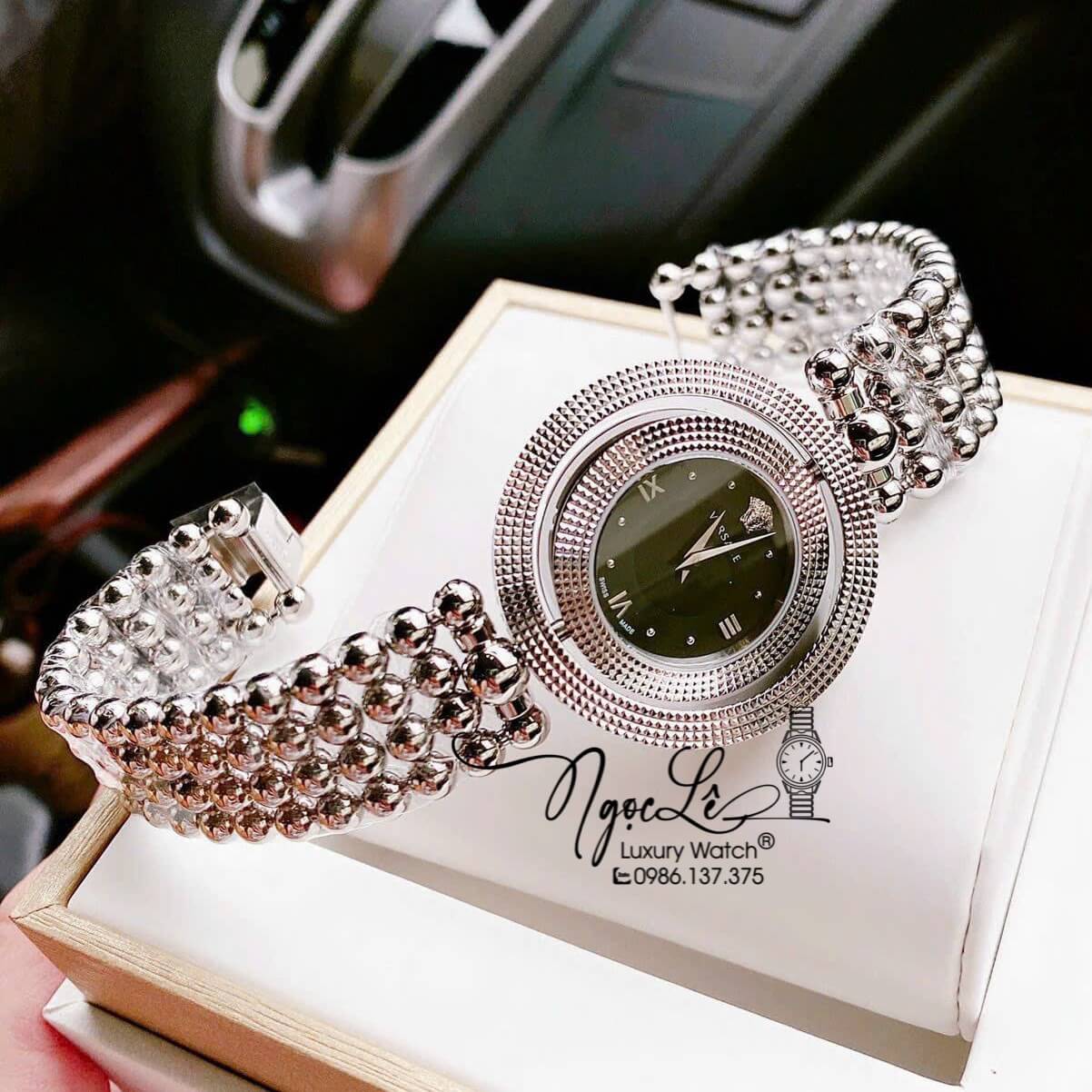 Đồng Hồ Nữ Versace Eon Mother Dây Bi Bạc Mặt Đen Xoay 360 Độ 34mm Niềng Trơn