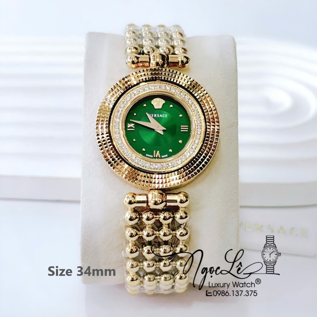 Đồng Hồ Nữ Versace Eon Mother Dây Bi Vàng Mặt Xanh Lá Xoay 360 Độ 34mm Đính Đá