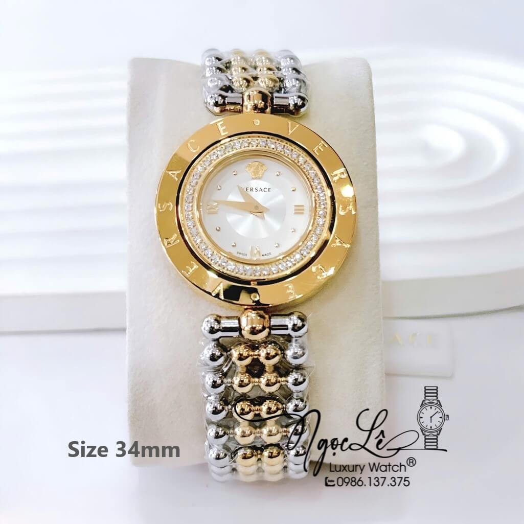 Đồng Hồ Nữ Versace Eon Mother Dây Bi Demi Vàng Mặt Trắng Xoay 360 Độ 34mm Đính Đá