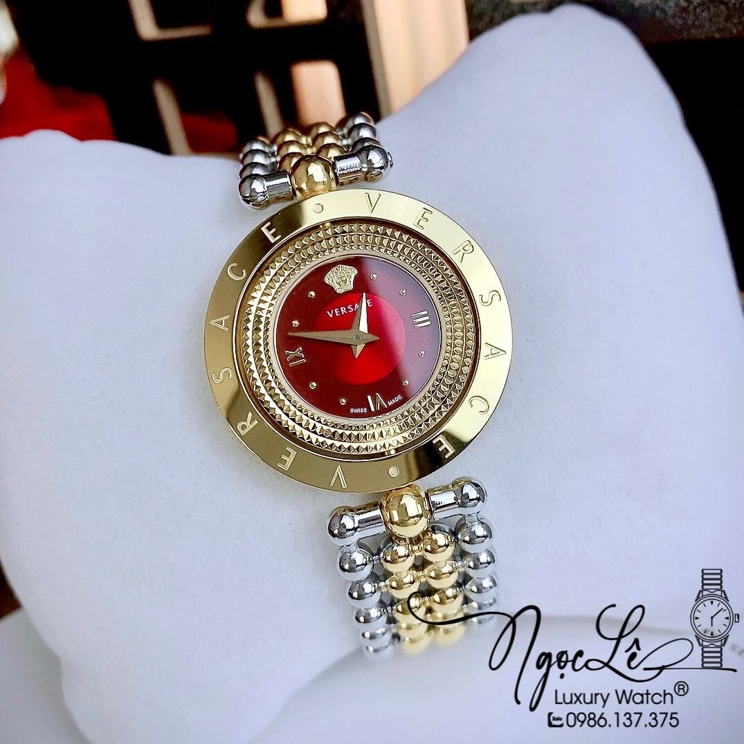 Đồng Hồ Nữ Versace Eon Mother Of Pearl Dây Bi Demi Vàng Mặt Đỏ Xoay 360 Độ 34mm