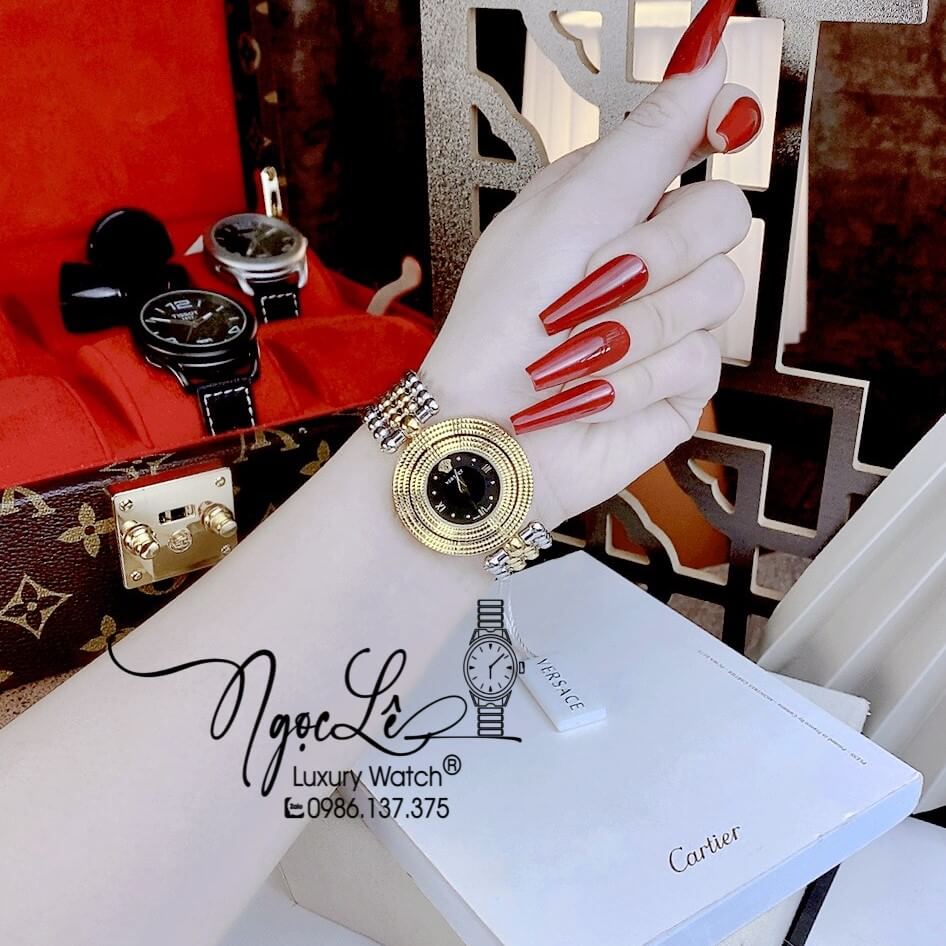 Đồng Hồ Nữ Versace Eon Mother Of Pearl Dây Bi Demi Vàng Mặt Đen Xoay 360 Độ 34mm