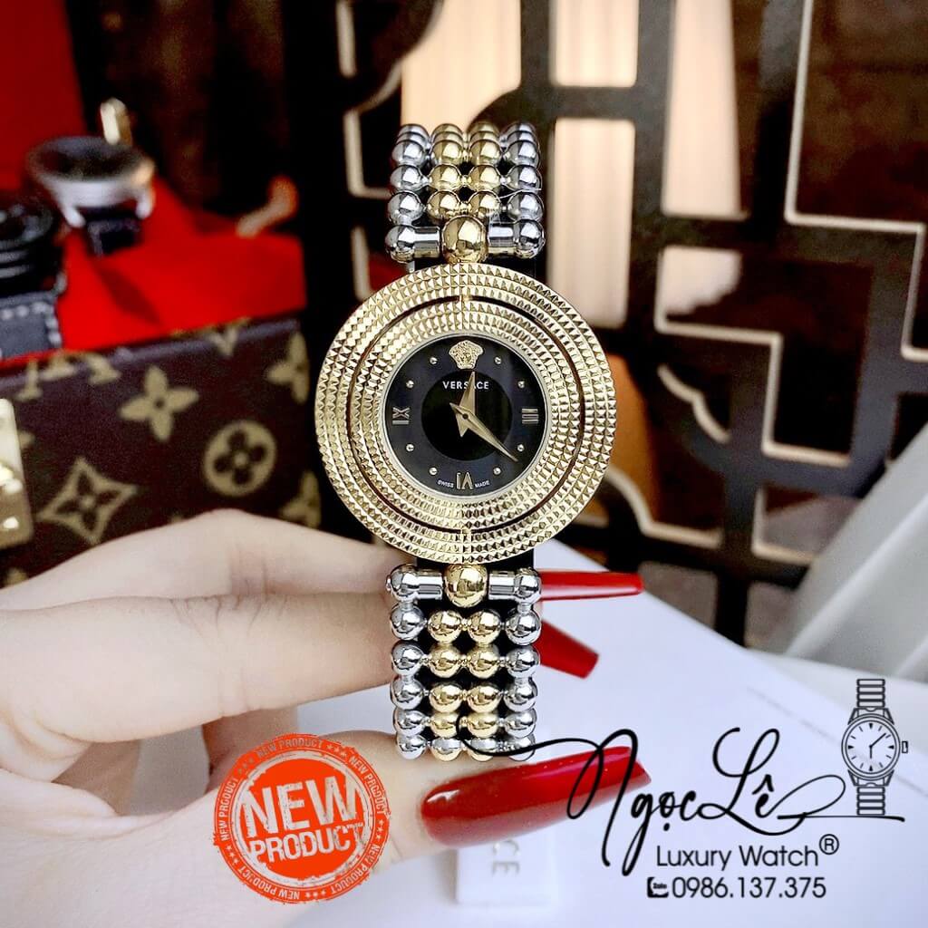 Đồng Hồ Nữ Versace Eon Mother Of Pearl Dây Bi Demi Vàng Mặt Đen Xoay 360 Độ 34mm