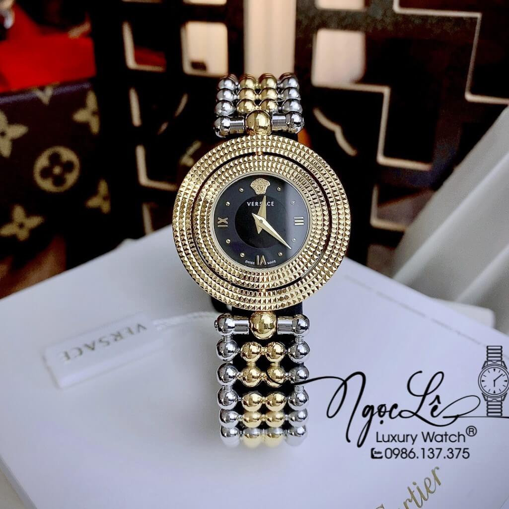 Đồng Hồ Nữ Versace Eon Mother Of Pearl Dây Bi Demi Vàng Mặt Đen Xoay 360 Độ 34mm