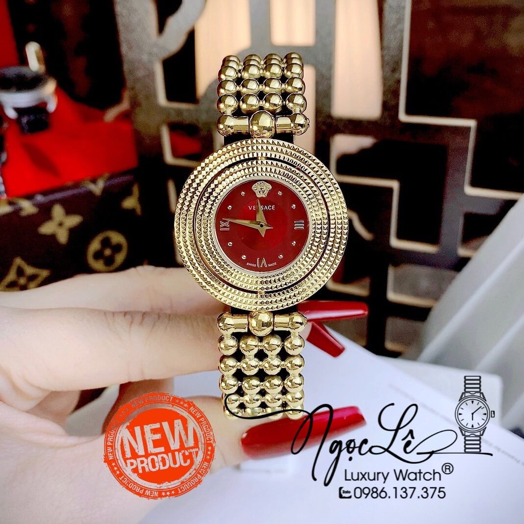 Đồng Hồ Nữ Versace Eon Mother Of Pearl Dây Bi Vàng Mặt Đỏ Xoay 360 Độ 34mm