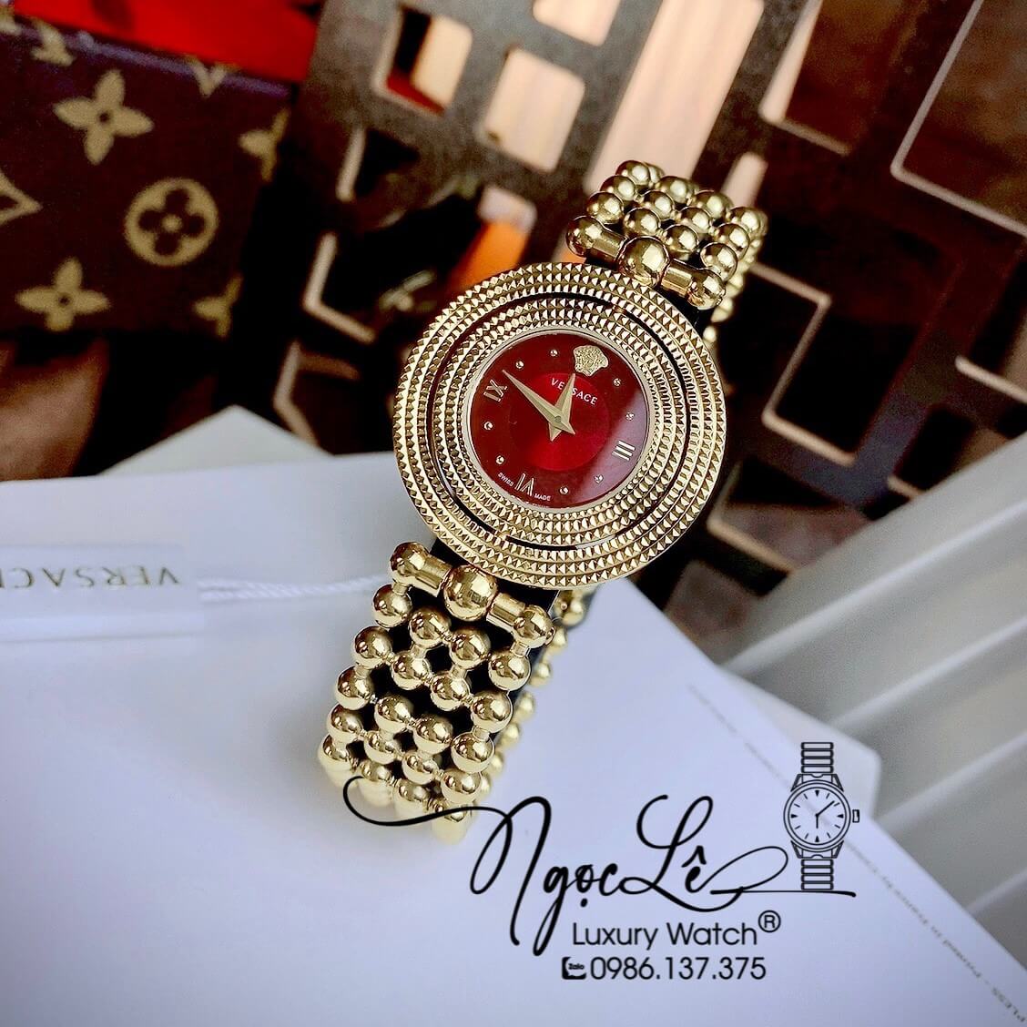 Đồng Hồ Nữ Versace Eon Mother Of Pearl Dây Bi Vàng Mặt Đỏ Xoay 360 Độ 34mm