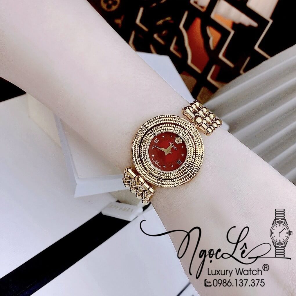 Đồng Hồ Nữ Versace Eon Mother Of Pearl Dây Bi Vàng Mặt Đỏ Xoay 360 Độ 34mm