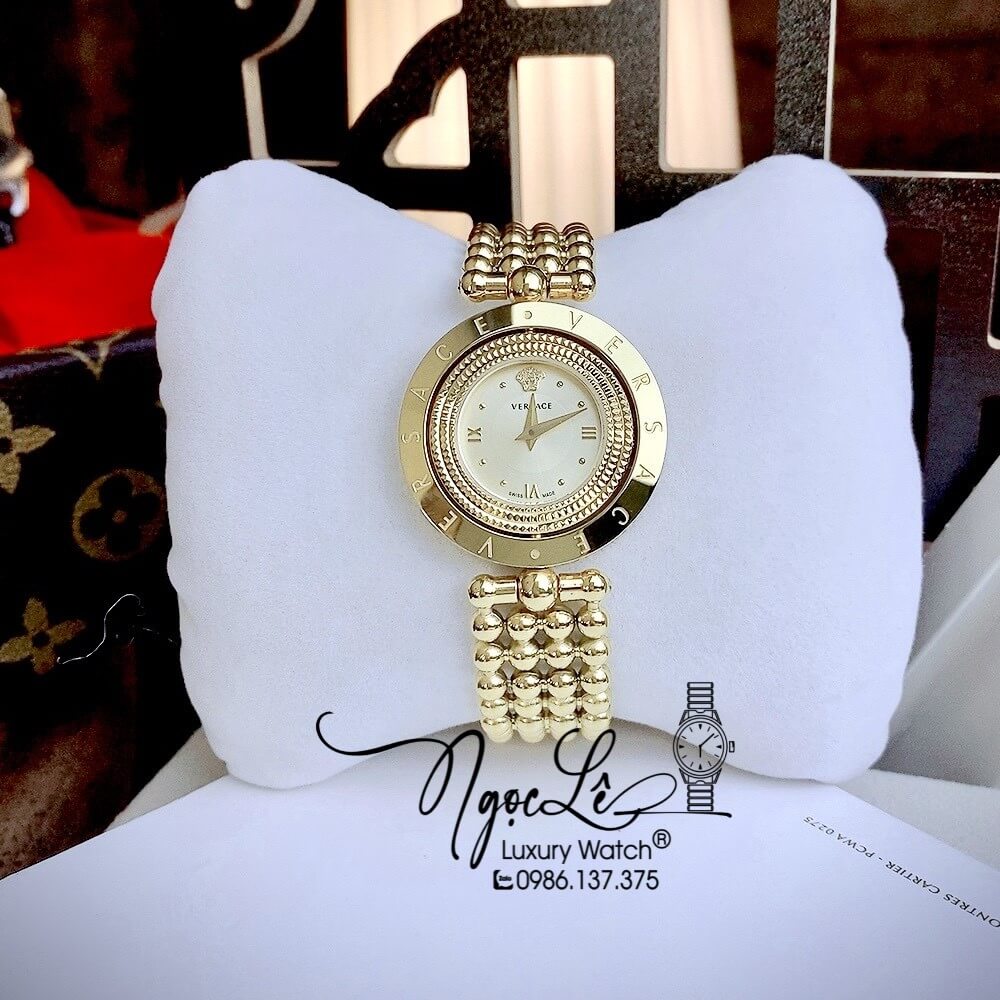 Đồng Hồ Nữ Versace Eon Mother Of Pearl Dây Bi Vàng Mặt Vàng Xoay 360 Độ 34mm