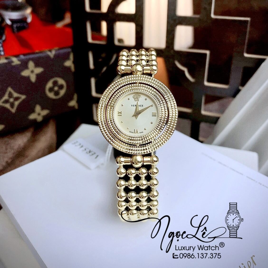 Đồng Hồ Nữ Versace Eon Mother Of Pearl Dây Bi Vàng Mặt Vàng Xoay 360 Độ 34mm