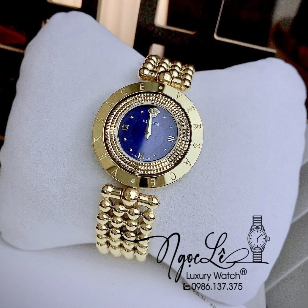 Đồng Hồ Nữ Versace Eon Mother Of Pearl Dây Bi Vàng Mặt Xanh Navy Xoay 360 Độ 34mm