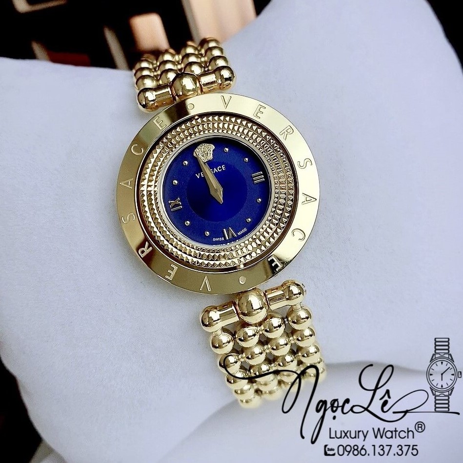 Đồng Hồ Nữ Versace Eon Mother Of Pearl Dây Bi Vàng Mặt Xanh Navy Xoay 360 Độ 34mm