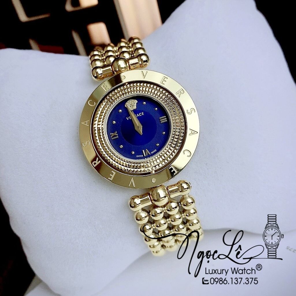 Đồng Hồ Nữ Versace Eon Mother Of Pearl Dây Bi Vàng Mặt Xanh Navy Xoay 360 Độ 34mm