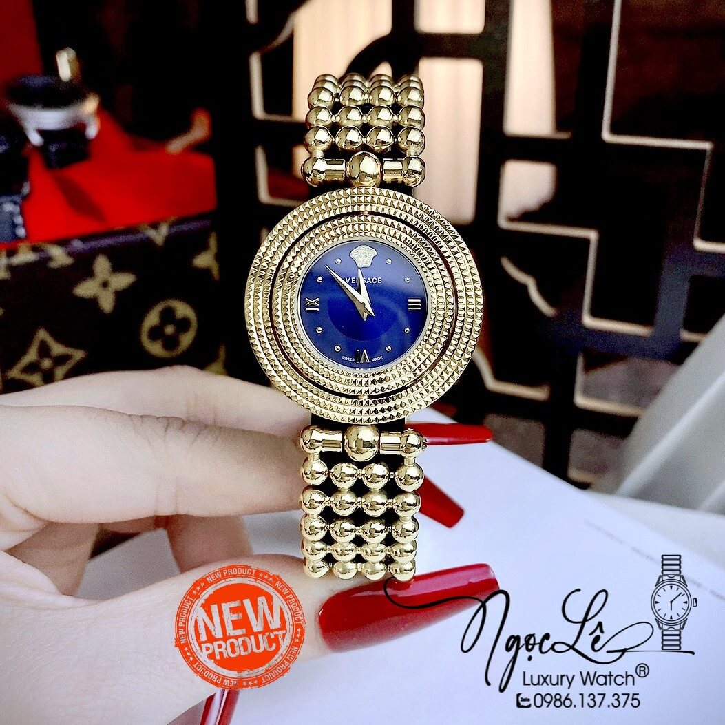 Đồng Hồ Nữ Versace Eon Mother Of Pearl Dây Bi Vàng Mặt Xanh Navy Xoay 360 Độ 34mm