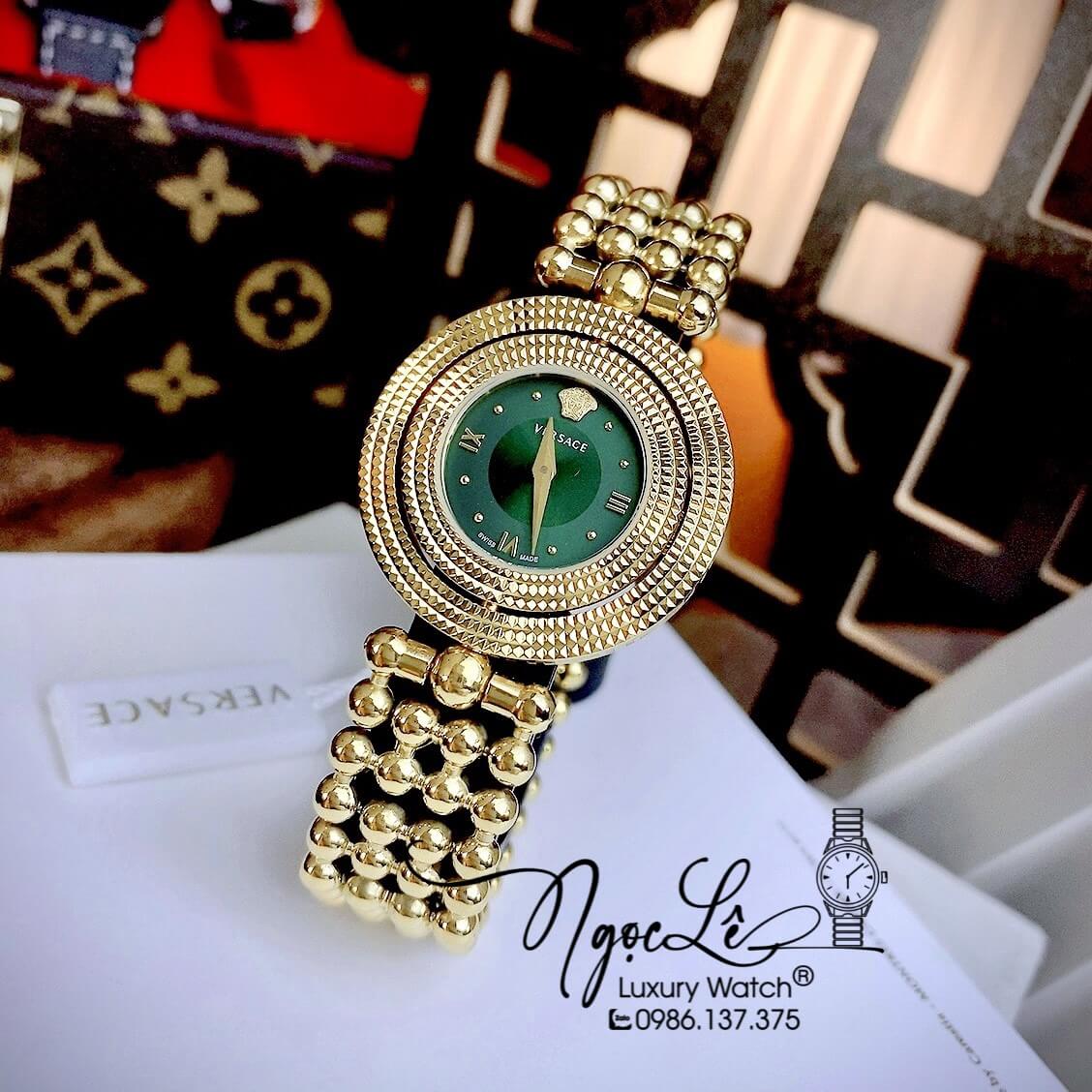 Đồng Hồ Nữ Versace Eon Mother Of Pearl Dây Bi Vàng Mặt Xanh Lá Xoay 360 Độ 34mm