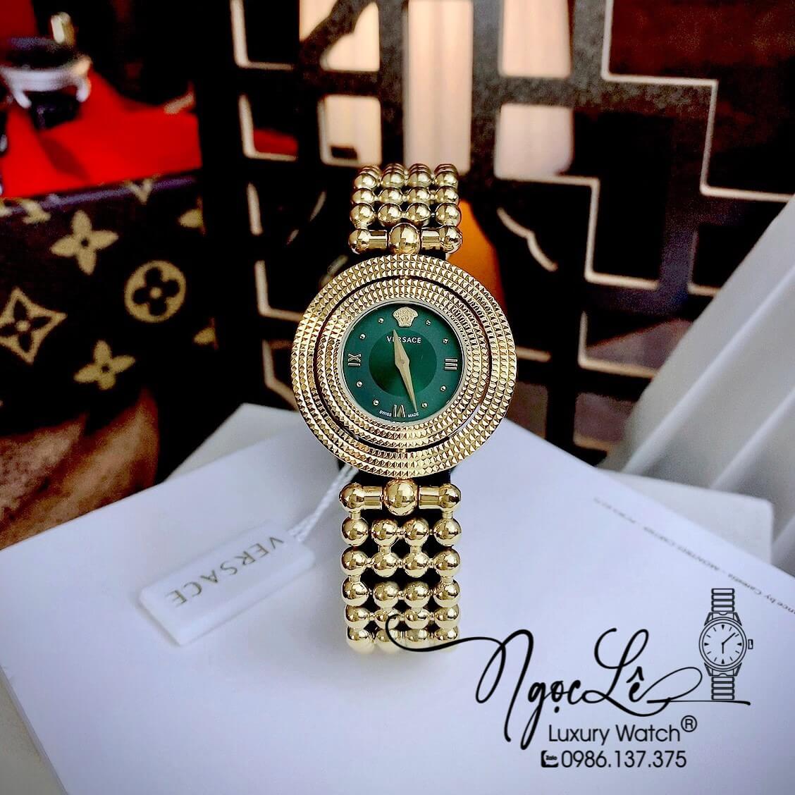 Đồng Hồ Nữ Versace Eon Mother Of Pearl Dây Bi Vàng Mặt Xanh Lá Xoay 360 Độ 34mm